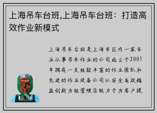 上海吊车台班,上海吊车台班：打造高效作业新模式