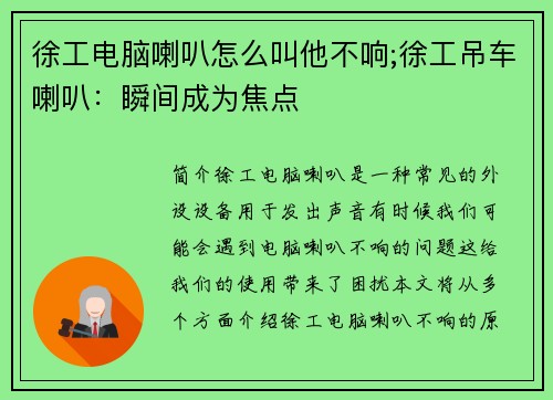 徐工电脑喇叭怎么叫他不响;徐工吊车喇叭：瞬间成为焦点